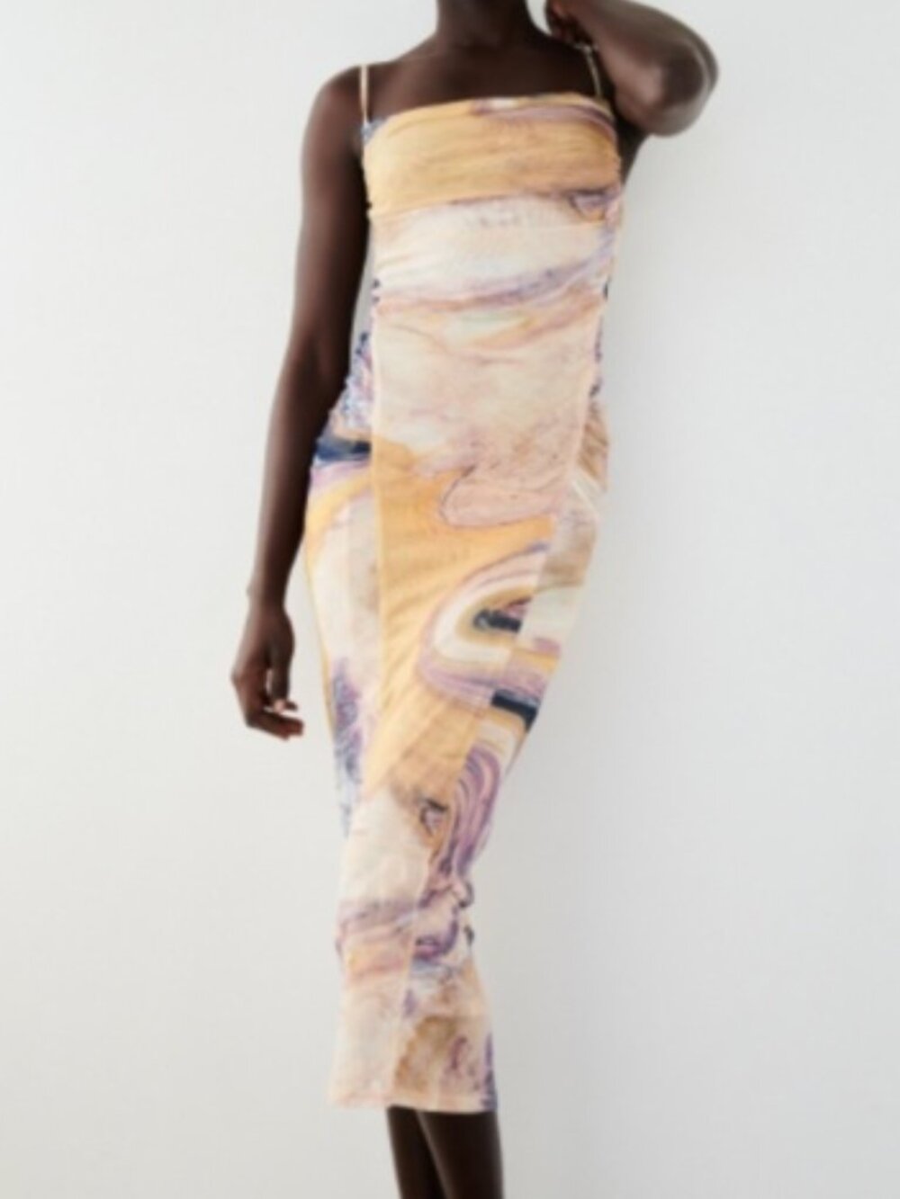 Zara Woman Midi Strappy Draped Printed Tulle Dress Sand